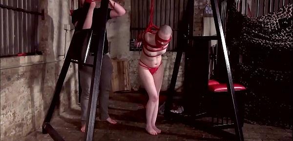  Bald submissive Erynn Rose suspension bondage and tied up whipping